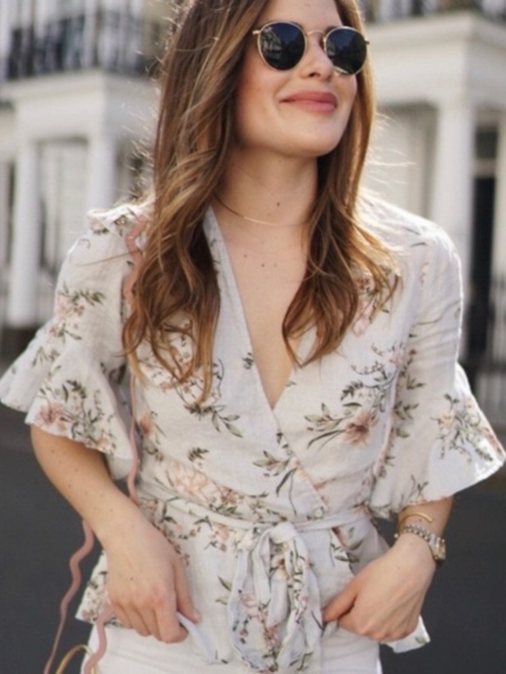 ZARA 100% LINEN PEPLUM WRAP TOP FLORAL COTTAGECORE RUFFLE SLEEVES NEUTRAL MEDIUM